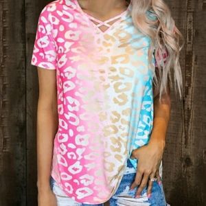 LEOPARD PRINT COLORFUL CRISSCROSS V NECK TOP